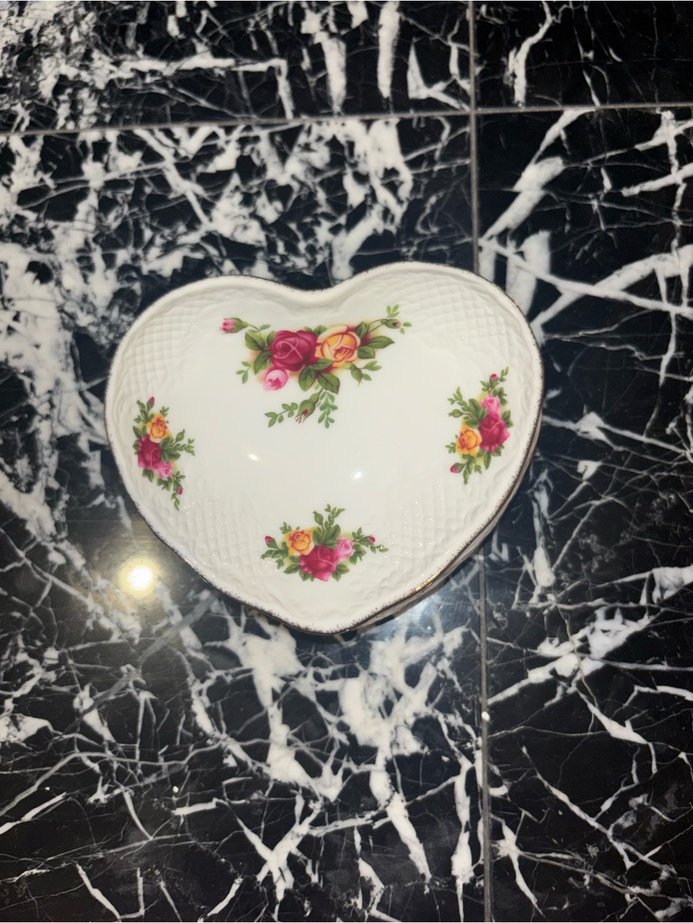 Royal Albert White Heart-Shaped Trinket Dish with Pink and Yellow Rose Motif